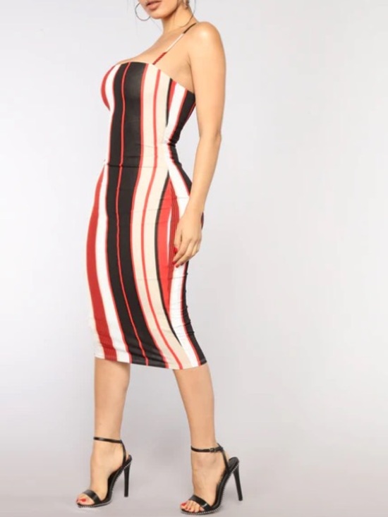 Fashion Nova Dresses & Skirts - Fashion Nova Red Black Cream Striped Spaghetti-Strap Midi Dress